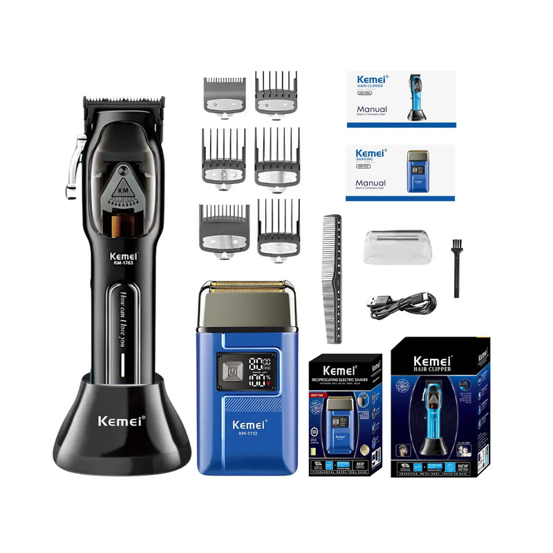 Kit Máquina de Corte com Base Km-1763 + Barbeador Elétrico Km-1112 | Kemei ®