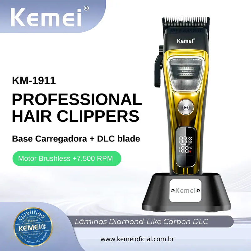 Máquina de Corte Brushless Profissional +Base Carregadora Km-1911 | Kemei ®