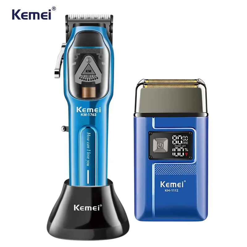 Kit Máquina de Corte com Base Km-1763 + Barbeador Elétrico Km-1112 | Kemei ®