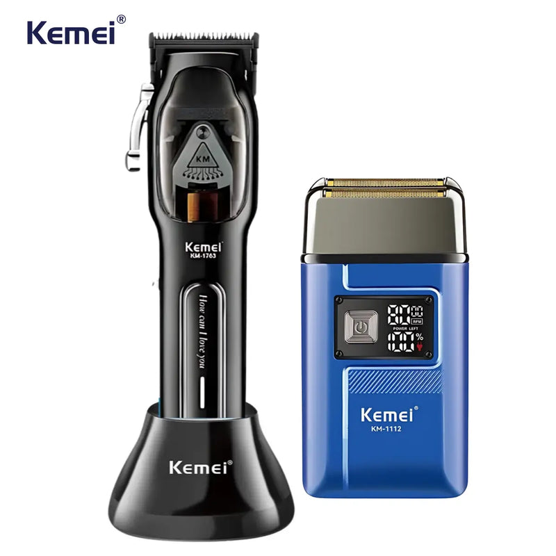 Kit Máquina de Corte com Base Km-1763 + Barbeador Elétrico Km-1112 | Kemei ®